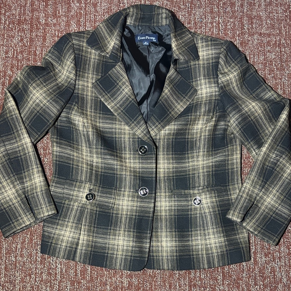 Evan Picone blazer Black Cream Plaid fitted two button career